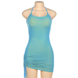 2021 Sexy Hipster Double Layer Drawstring Mini Dress Women Sleeveless Bodycon Halter Ruched Streetwear Club Basic
