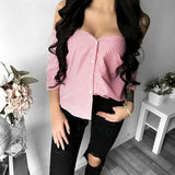 Stripe Blouse Women Autumn Long Sleeved Shirts Tops Fashion Off Shoulder Button Blouses Strapless Slash Neck Blouse