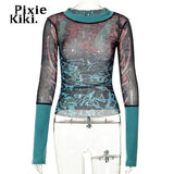 Graphic T Shirts Streetwear Y2k Women Sheer Mesh Knit Patchwork Long Sleeve Top Grunge Clothes 90’s Aesthetic
