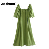 Women Green Pleated Dress Puff Short Sleeve Ladies Dresses Square Collar Loose Knee Length Dress Sundress Ropa