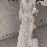 2022 Summer Vintage Women Long Dress Puff Sleeve Embroidery White Lace Vocation Maxi Beach
