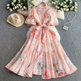 Retro-Print Collar Bubble-Sleeved Dress Women's Summer Straps To The Waists To Show A Thin Swollen