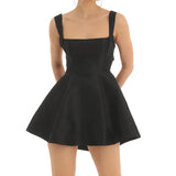 Women Sling Mini Dress Evening Party Summer Clothes Solid Color Sleeveless Backless Square Neck A-line Dress Sexy Club-Outfit