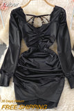 Autumn Winter Velvet Dress for Women Sexy Chain Criss Cross V-neck Long Sleeve High Waist Folds Mini Party Dress