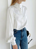 Lantern Sleeves White Shirts Office Ladies Stand Collar Career OL Blouses Drape Loose Satin Soft Tops Spring