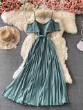 Summer Vintage Green/Beige/Purple Spaghetti Strap Pleated Long Dress Women Casual Off Shoulder Beach Party Vestidos 2021