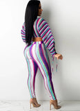 Colorful Striped Puff Sleeve Crop Top and Pants 2pc