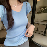 Pink V-Collar Ice Silk Knitted Short-Sleeved T-Shirt Women's New Summer Design Thin Slim Bottomed Blouse-Outfit