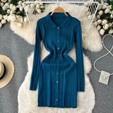 Autumn Striped Knitted Dress Women Lapel Button Sheath Warm Dress Ladies Fashion Solid Elastic Waist Sweater