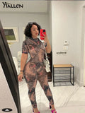 Summer Women Round Neck Fashion Printing Short Sleeve Jumpsuit Body Shaper Jumpsuit Street Casual Spice Girl Clothing-Outfit
