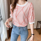 Summer striped printing ladies shirts women blouses 2022 Spring Summer short sleeve female shirts tops Mujer