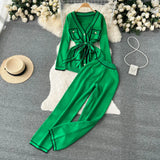 Fashion Sweater Two Pieces Sets Ladies Long Sleeve Knit Cardigan+Wide Leg Knit Long Pant Sets Women OL Knitted