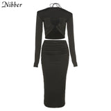 2021Summer Solid Color Sexy Hollow Long Sleeve Backless Camisole Elegant Midi skirt 2 Two Piece Sets