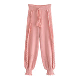 Vintage Fashion Solid Hollow Out Embroidery Hooded Sweaters Women Pullovers Ruffles Knitted Harem Pants