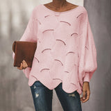 Loose Knitted Sweater Casual Oversized Soft Lantern Sleeve Hollow Out Pullover Fashion O-Neck Solid Female Sweaters