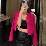 Vintage Small Fragrant Elegant Rose Tweed Short Jacket Coats For Women Autumn Long Sleeve Female Single-Breasted