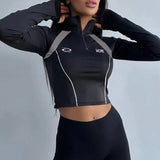 And Hot Wind Impact Color Zipper Stitching Standing Collar Trimming Tooling Machine Can Long-Sleeved T-Shirt Blouse 2024 Cool Women's Wear-Outfit