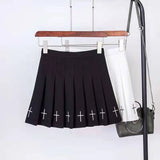 Waist Mini Black Skirts Gothic Streetwear Cross Print Pleated Women Skirts Casual College Lolita Harajuku Skirt-Outfit