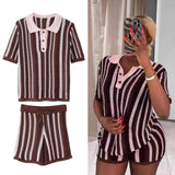 New Striped Collar Short Sleeve Loose Blouse High-Waist Three-Point Shorts Knitwear Two-Piece