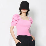 Casual Patchwork Diamonds Sweater For Women Square Collar Short Sleeve Solid Slim Knitting Pullover Female