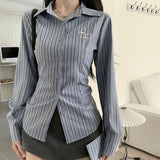 Fresh Stripe Print Slim Long Sleeve Shirt-Outfit