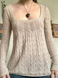 Knitted Cute Y2K Sweater Tops For Women Aesthetic Vintage Khaki Pullovers Top Square Collar Long Sleeve Kawaii