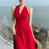 Halter Sexy Backless Midi Bodycon Red Party Sleeveless Dress Beach Holiday