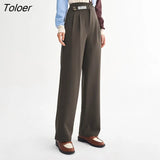 Women Pants 2023 Spring Back Waist Elastic Straight Long Trousers Apricot Coffee Elegant Casual Chic Suit
