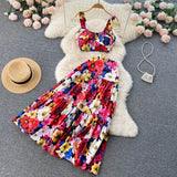 Vacation Floral Print Women Set Summer Zipper Pleated Temperament Elegant Slim Long Skirt Fashion Two Piece