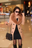 Length Wool Coats Women Fur Collar Splice Blends Korean Full Sleeve Double Breasted Lace Up Belt Thick Warm Winter Jackets-Outfit