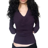 Temperament Cross-Deep V-Neck Design Woolen Top Bottom Bottom Tight Waist Short Long-Sleeved Knitted