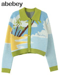 2022 Women Winter Cardigans With Turn-Down Collar Seaside Scenery Print Long Sleeve Knitted Outwear Green Yellow