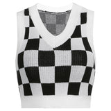 Sleeveless Vintage V Neck Y2K Knitted Vest Autumn Casual Plaid Print Sweater Women Preppy Style Pullovers