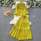 Temperament Set Female Court Vintage Lace Spliced Lantern Sleeve Single-Button Shirt High-Waisted