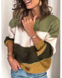 2021 autumn and winter new solid color stitching knit sweater top casual contrast color round neck sweater
