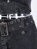 Women's Denim 2 Pcs Set Halter Hollow Out Camis High Waist Slim Black Belt Skirt Suits 2024 Summer New Fashion 11D10231-Outfit