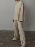 Sweater 2 Piece Set Women Loose O-Neck Knit Pullovers+Wide Legs Pants Sets 2022 Oversized Solid Slit Knitted