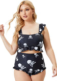 High-Waisted Skulls Print Ruffles Plus Size Two Piece