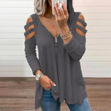 Spring Off Shoulder Hollow Out Striped Solid Women Blouse V-neck Zipper Patchwork Pleated Loose Female Blouses Casual
