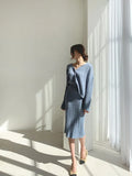Women Autumn Winter V-Neck Hemp Pattern Knitted Sweater Top + High Waist Elegant Skirt 2 Piece Set Slim Casual Dress