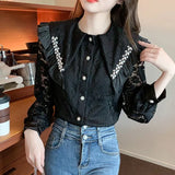 Hollow Out Lace Shirt Women Blusas Mujer De Moda 2022 Office Lady Flower Blouse Diamond Lapel Long Sleeve Female