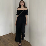 Summer Women Casual Sexy Off Shoulder Black Jumpsuit Trousers Overalls Ladies High Waist Wide Leg Playsuit