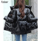 Women Shiny Parkas Thicken Warm Stand Collar Jacket Loose Zipper Coat Korean Fashion Outerwear Female Streetwear