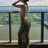 Bodycon Long Dresses for Women 2024 Sleeveless Halter Solid Color Backless Tie-Up Low-Cut Evening Party Dress Club Wear-Outfit