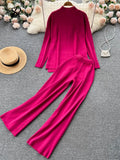 Women Casual Knitted Sets Half High Collar Sweater Top+Elastic Wide Leg Long Pants Winter Sweater Two Piece
