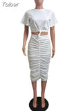 Solid Bandage Two Piece Dress Sets Women Sexy Short Sleeve Crop Top and Ruched Skinny Mid Calf Skirt Fashion Clubwear