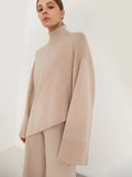 Women Knitted Two Piece Sets Solid High Collar Pullovers+Wide Legs Pants Irregular Suit 2022 Autumn Winter Fashion Loose