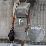 Skirts Suit Sleeveless Sweatshirt Solid Women Skirt Suits Slim Crop Tops+Split Drawstring Bottom Summer Fashion