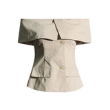 Toloer Socialite Light Ripe Wind Autumn 2024 New One-Line Collar Open Shoulder Splicing Design Slim Suit Jacket-Outfit