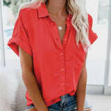 Summer Office Lady Solid Tops and Blouses Casual Turn-drow Collar Shirt for Women Elegant Short Sleeve Loose